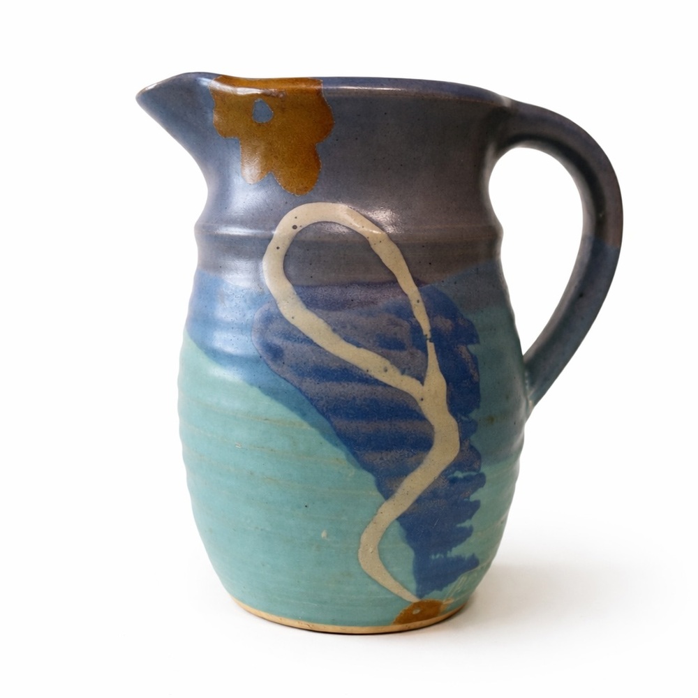 Handmade Signed Studio Pottery Pitcher Vase – Abstract Glaze, 7” | Initials “AD”